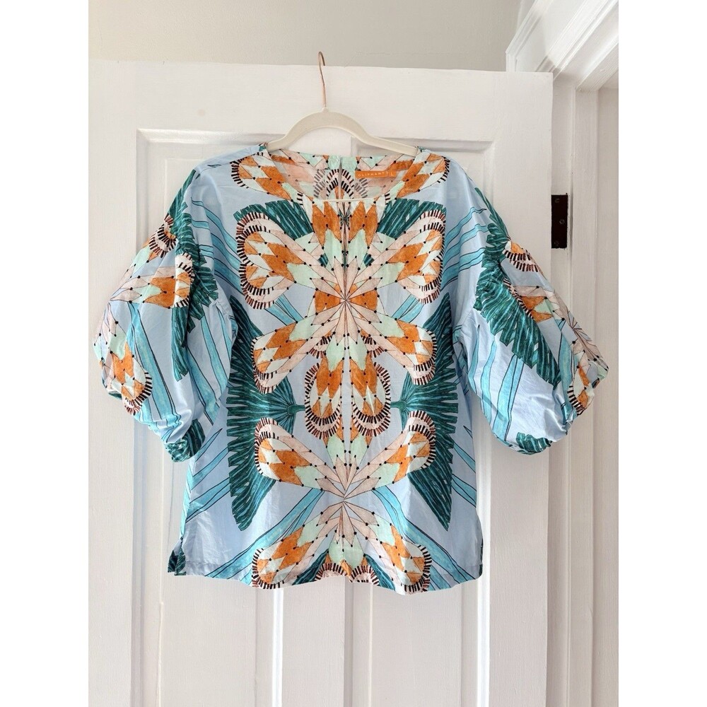 Tuckernuck OLIPHANT Tropical Florals Balloon Sleeve Boho Coastal Blouse Top Sz L - Picture 2 of 10